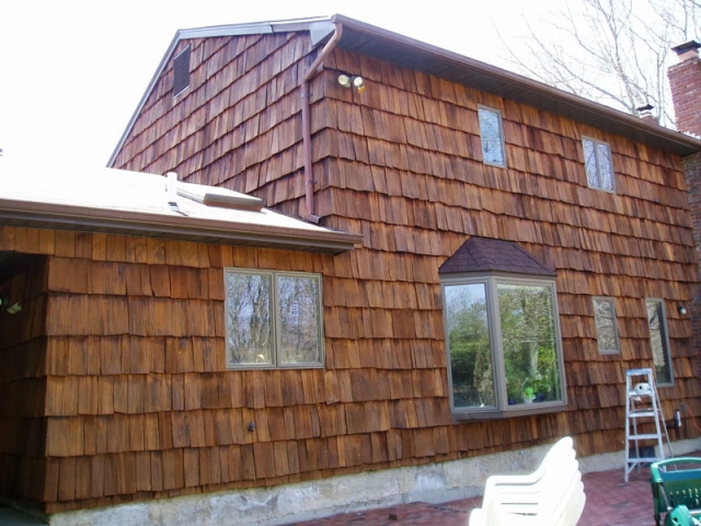 Commack NY - Exterior House After Power Wash and Cedar Stain