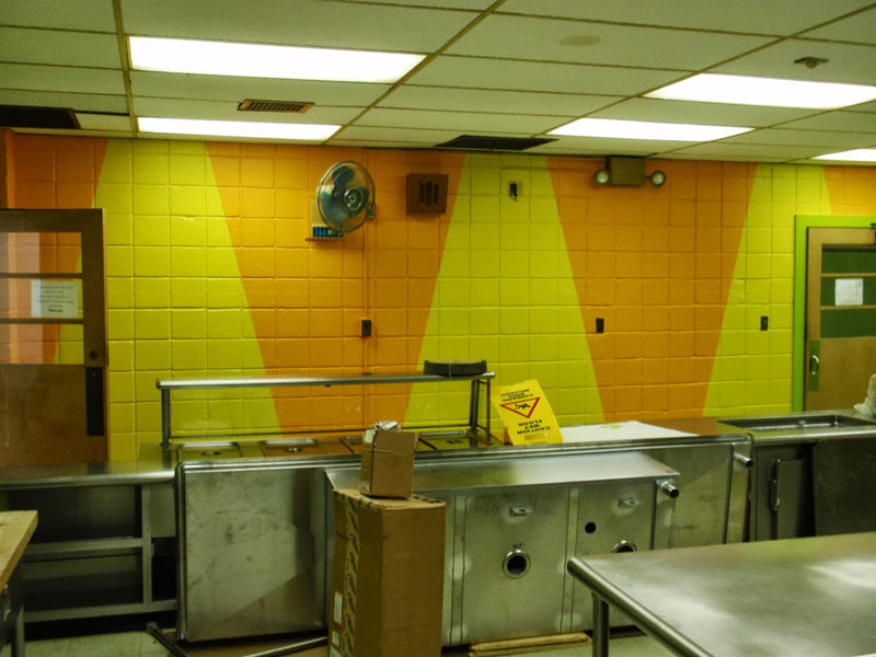 Cutchoque NY - School Cafeteria – Geometric Design painted Yellow & Orange