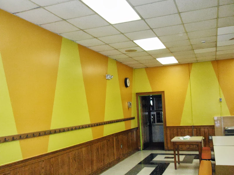 Cutchoque NY - School Cafeteria – Geometric Design painted Yellow & Orange