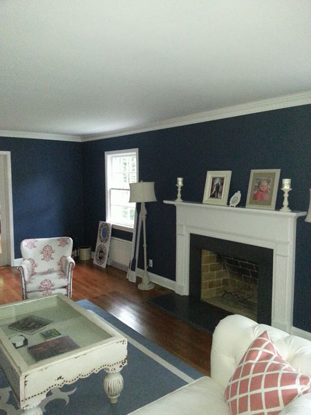 Rockville Centre NY - Interior Living Room After Painted Dark Blue with White Trim